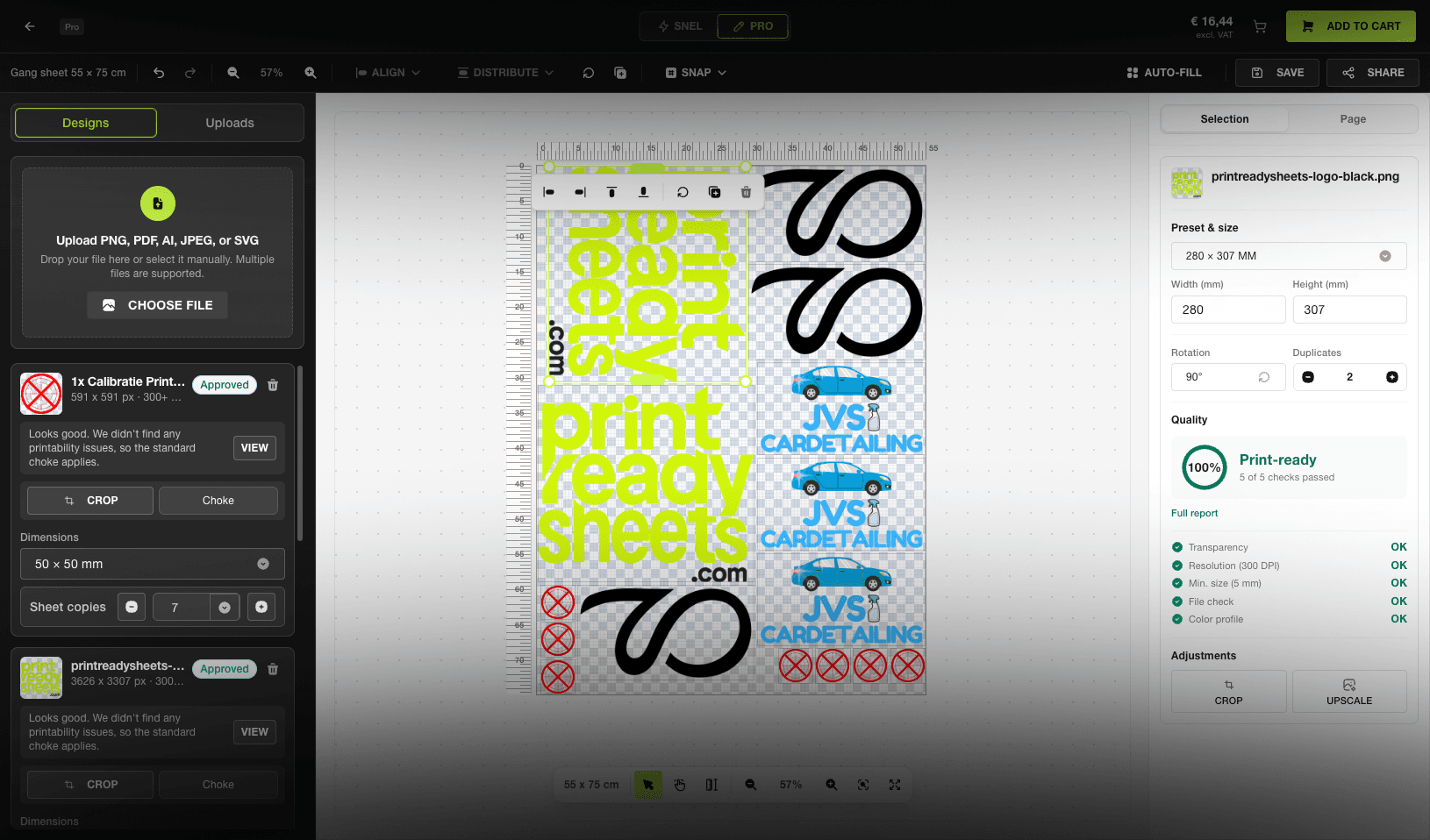 PrintReadySheets editor arranging designs on a 55 × 75 cm gang sheet